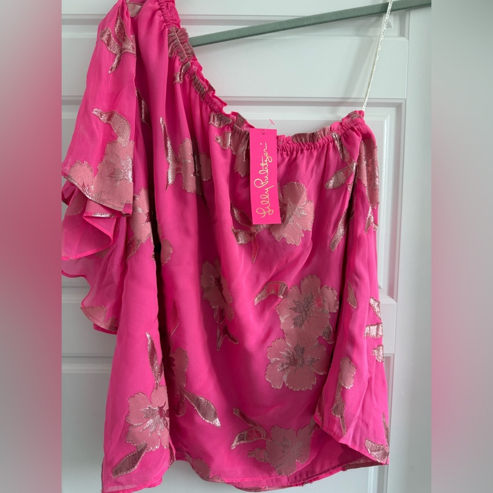 Lilly Pulitzer Hot Pink Off-Shoulder Dress with Metallic Floral